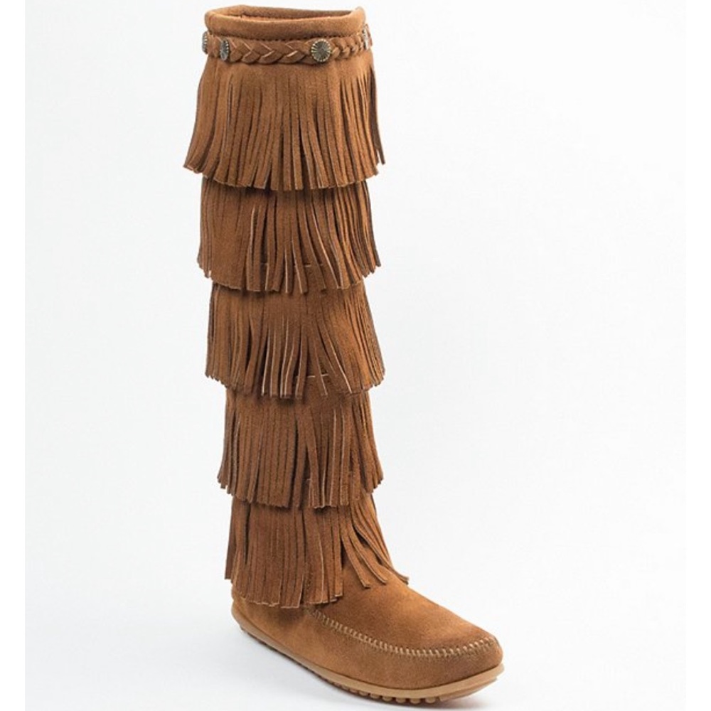 Minnetonka 5-Layer Fringe Suede Dusty Brown Boots
